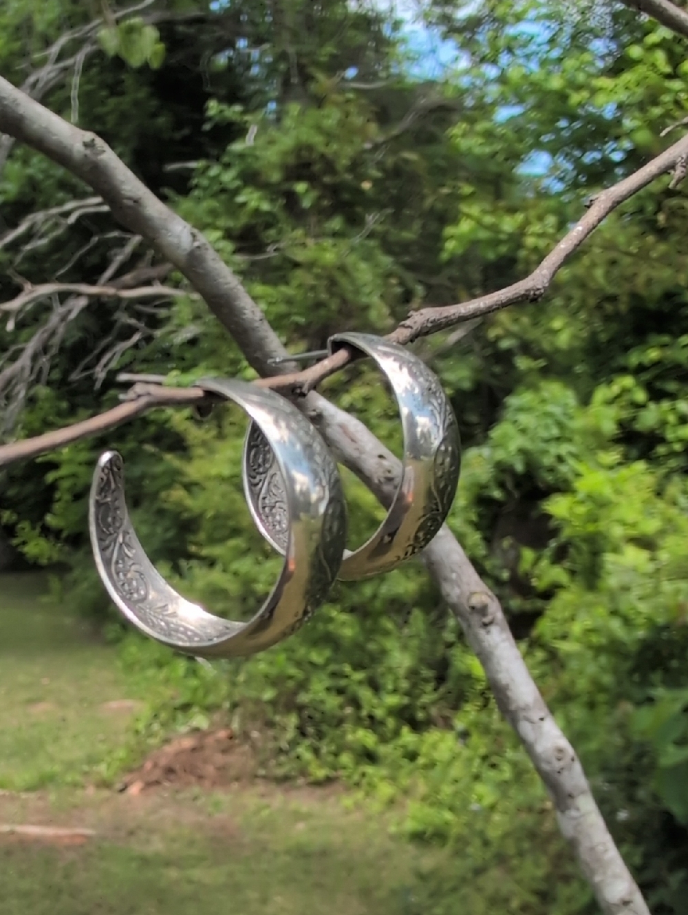 Silver-Tone Floral Pattern Hoop Earrings - Women's Jewelry